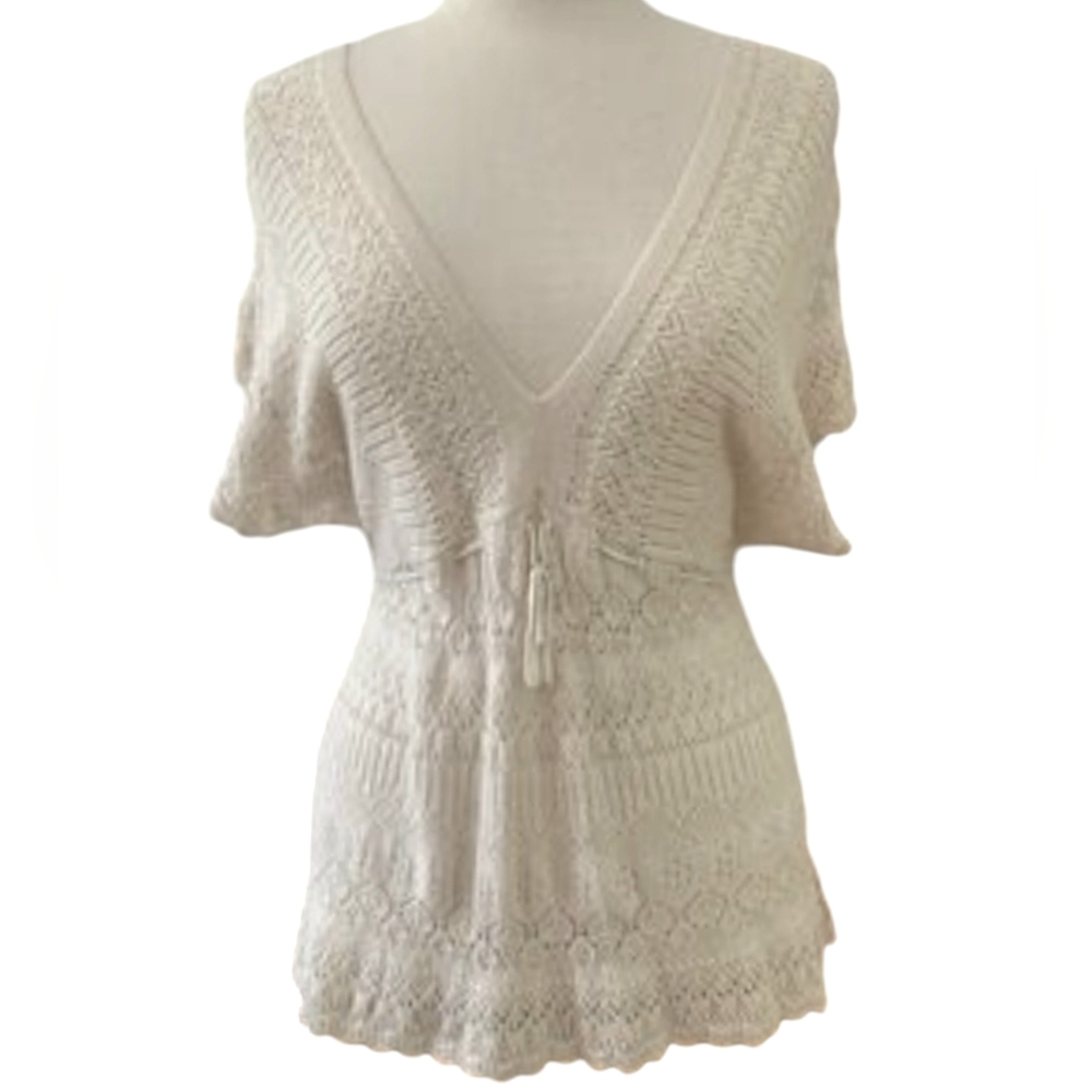 Anthropologie Knitted & Knotted Crochet Top Fairy Boho Off White Sheer Knit Sz S